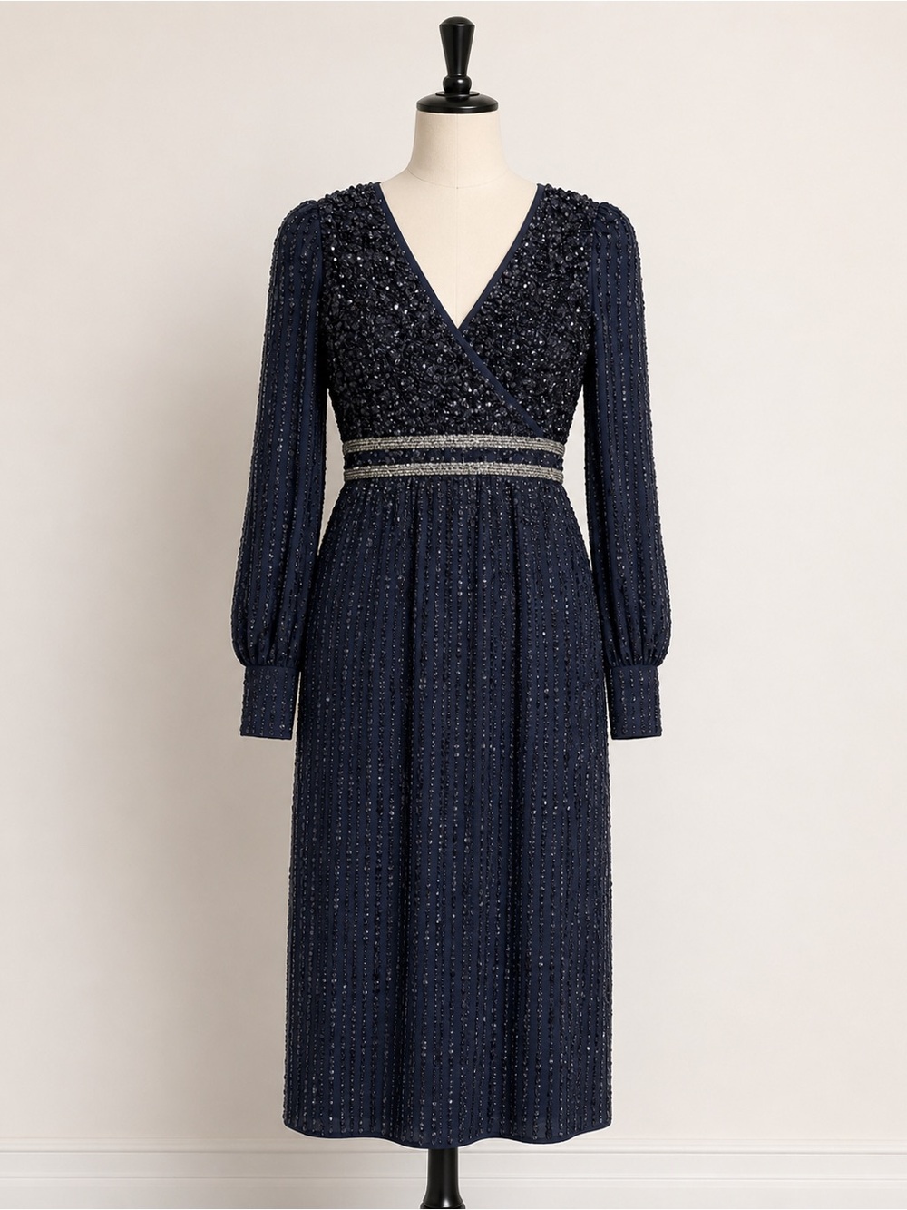 MAC Duggal navy sequin bodice wrap gown size 8 long sleeve NWT evening formal